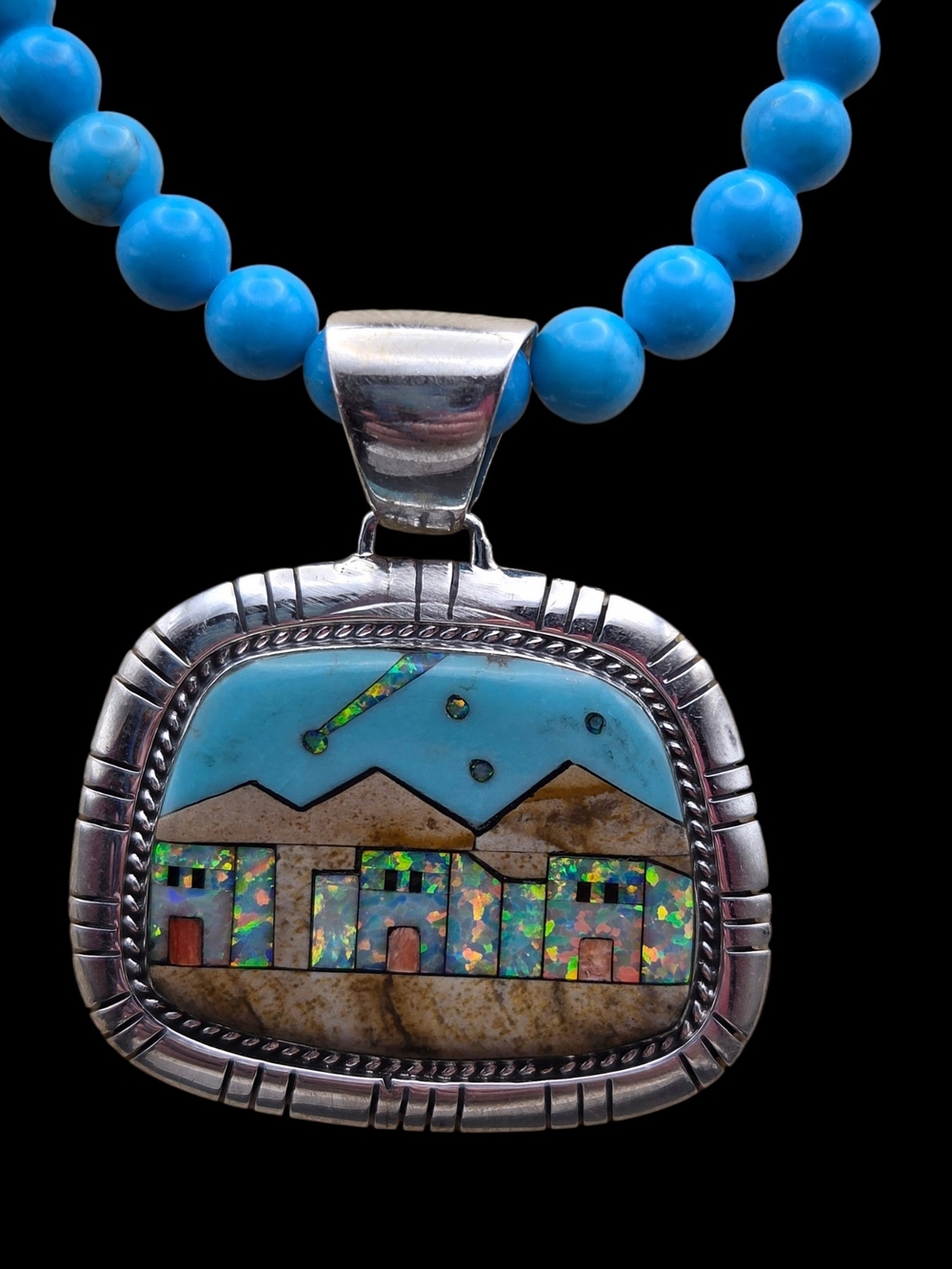 Turquoise Inlay Pueblo Village Pendant Necklace - Blue